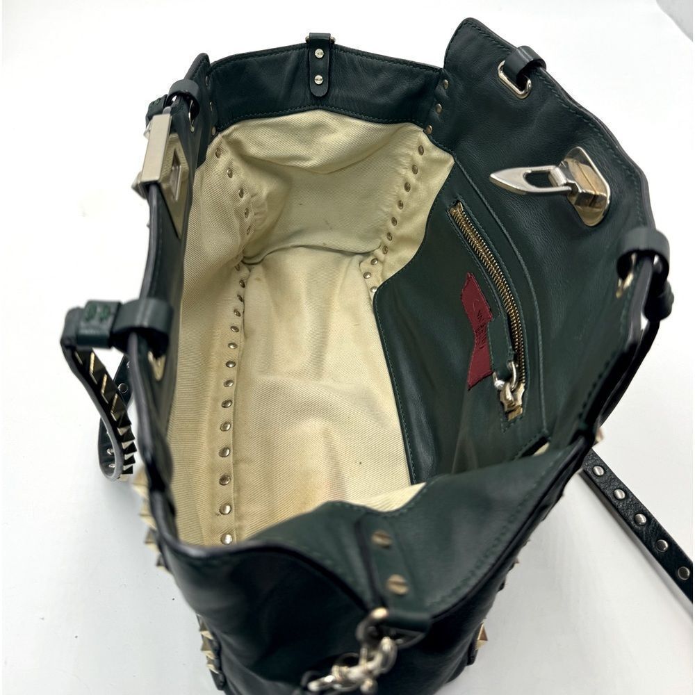 Auth Valentino Garavani Forest Green Leather Rockstud 2way Trapeze Shopper Tote - Picture 13 of 16